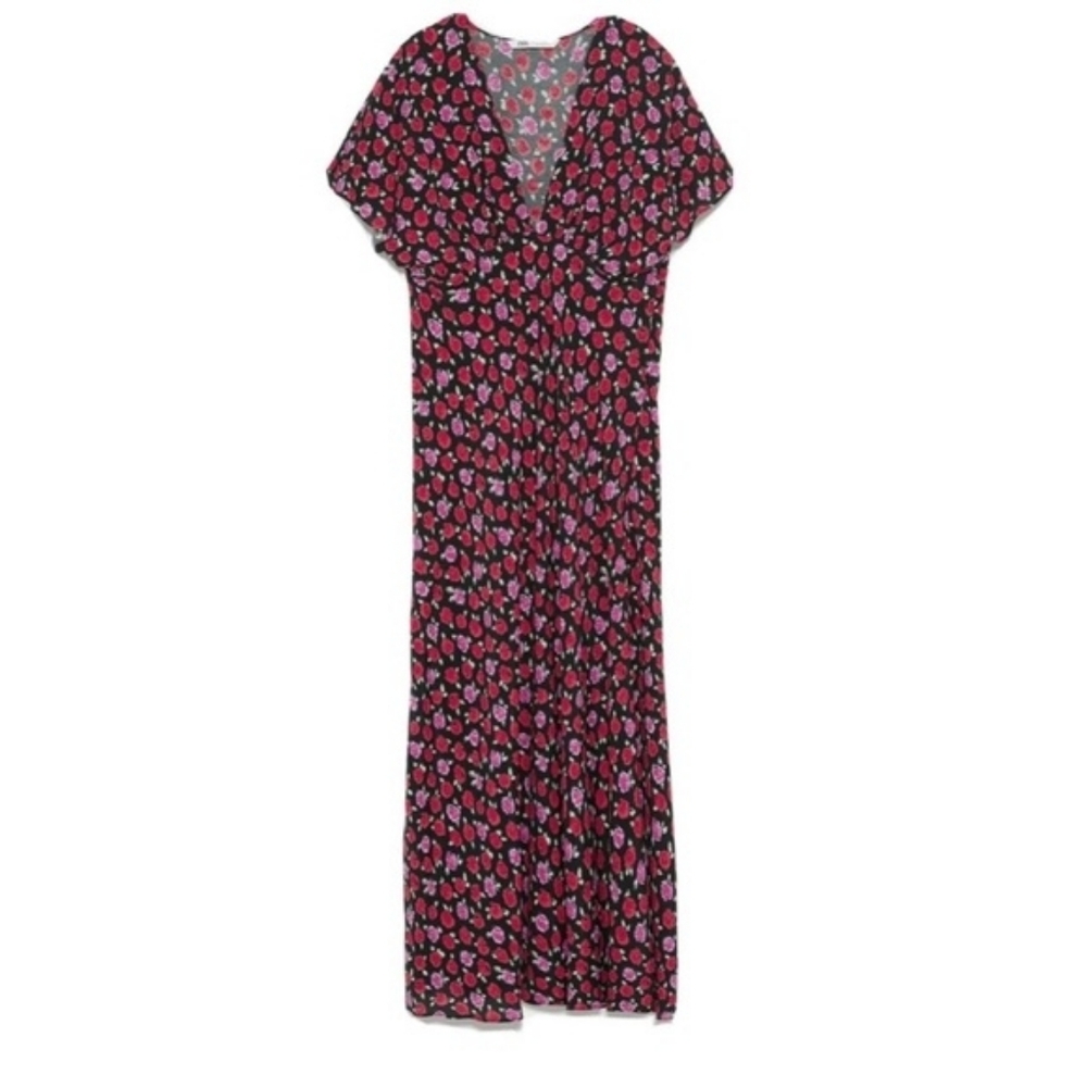 Zara Vibrant Pink, Red and Black Maxi Floral V_ Neck Dress